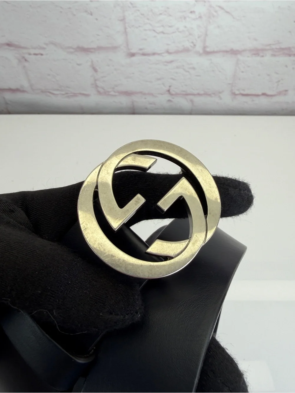 Gucci Black Leather Interlocking Gg Belt with Silver Double G Logo 546389 90/36